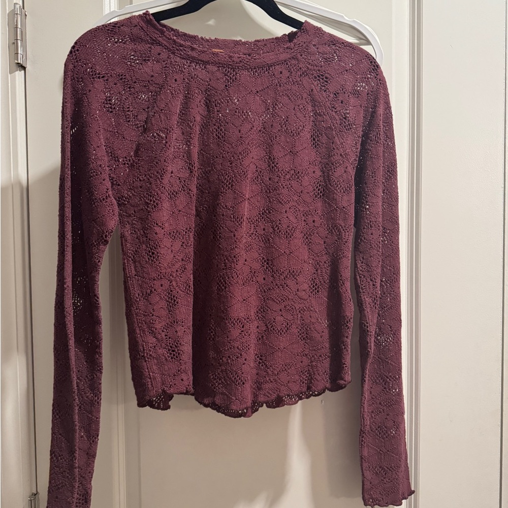 Free People Lace Long Sleeve Top - Burgundy